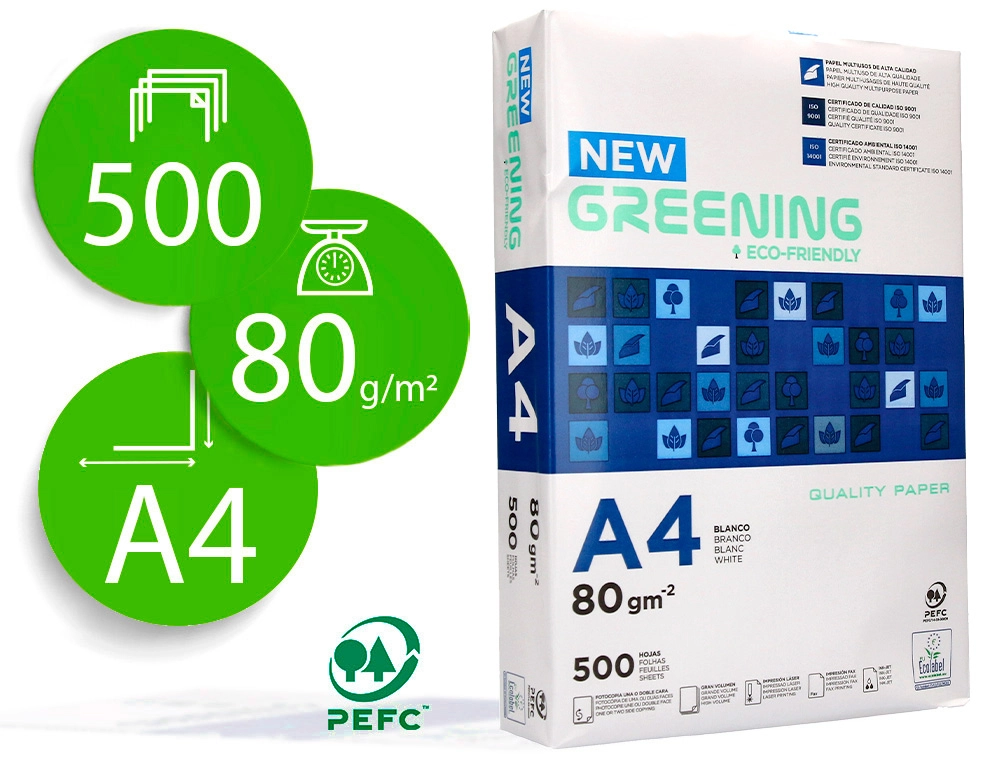 Papel fotocopiadora Greening DIN A4 80 gramos paquete de 500 hojas.