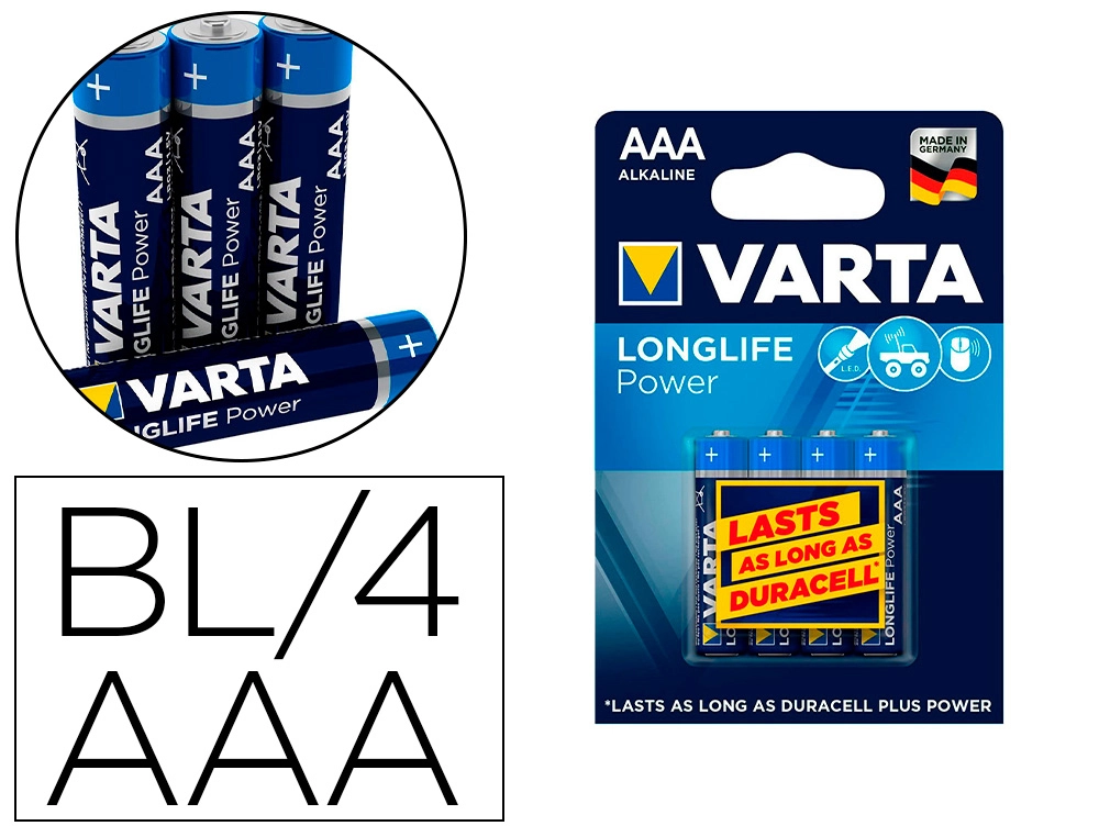 Pilas Varta alcalina longlife power aaa (lr03) – blíster de 4 unidades, máxima potencia y durabilidad