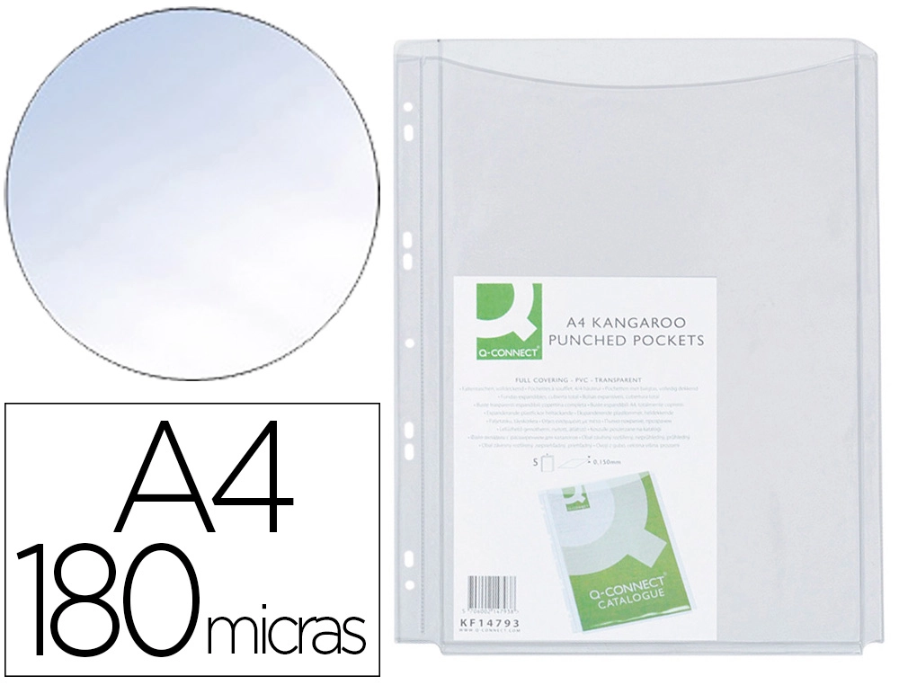Funda multitaladro Q-Connect con fuelle DIN A4 de PVC 180 micras – Bolsa de 5 unidades