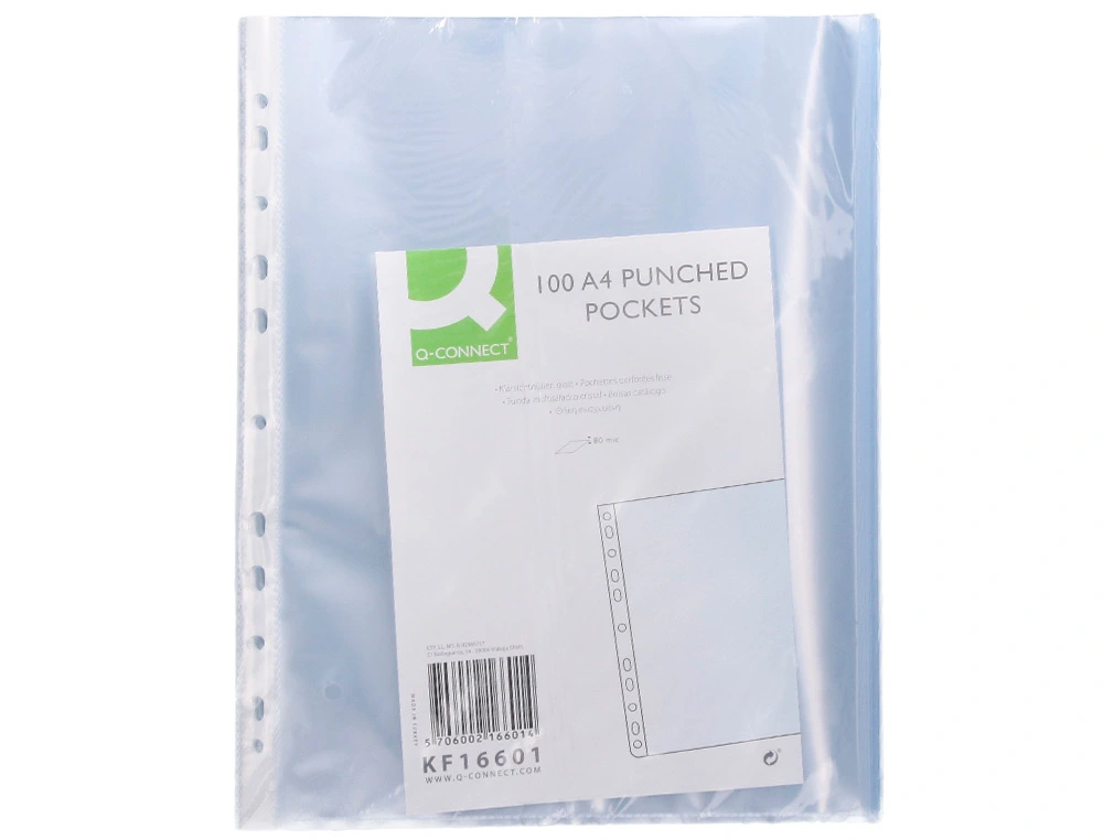 Fundas multitaladro Q-Connect DIN A4 cristal 80 micras – bolsa de 100 unidades