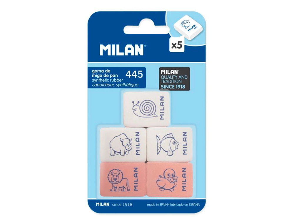 Goma de borrar Milan 445 – blíster de 5 unidades, borrado limpio y preciso