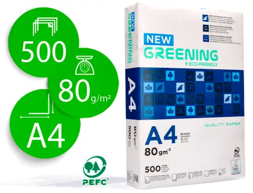 [OFT00008] Papel fotocopiadora Greening DIN A4 80 gramos paquete de 500 hojas.